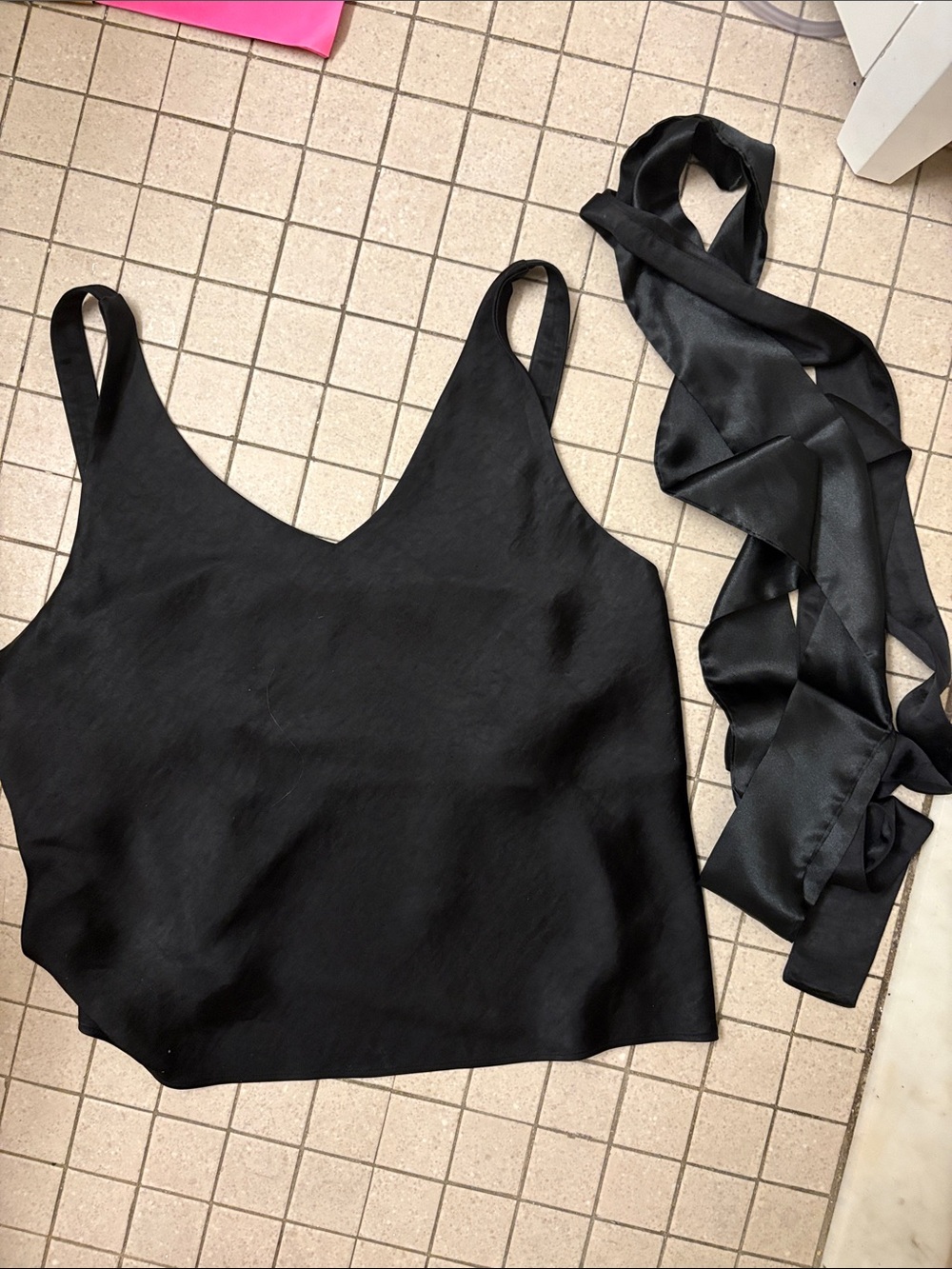 Wildfang Black Satin V-Neck Camisole with Long Ties